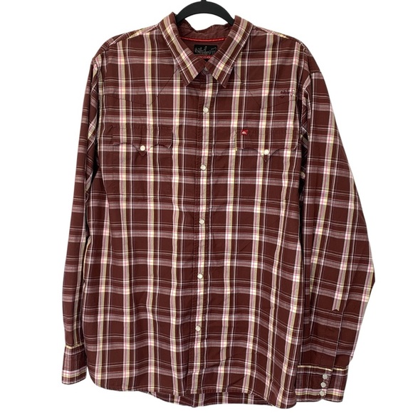 Quicksilver Western Shirt Mens XL Brown Plaid Button Down Pearl Snap Buttons Y2K - Picture 1 of 11